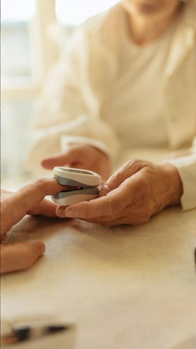 Caregiver checking an elderly client's pulse with a fingertip monitor