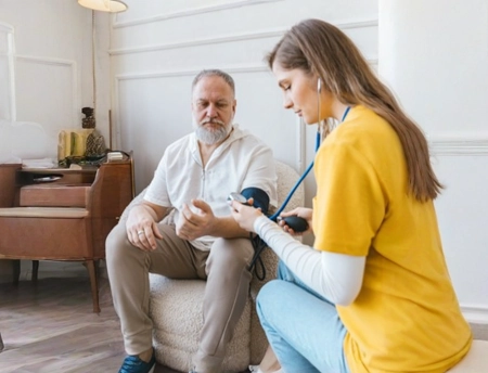 Caregiver checking an elderly client's blood pressure at home