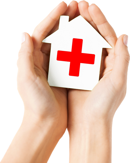 Hands holding a home with a medical cross